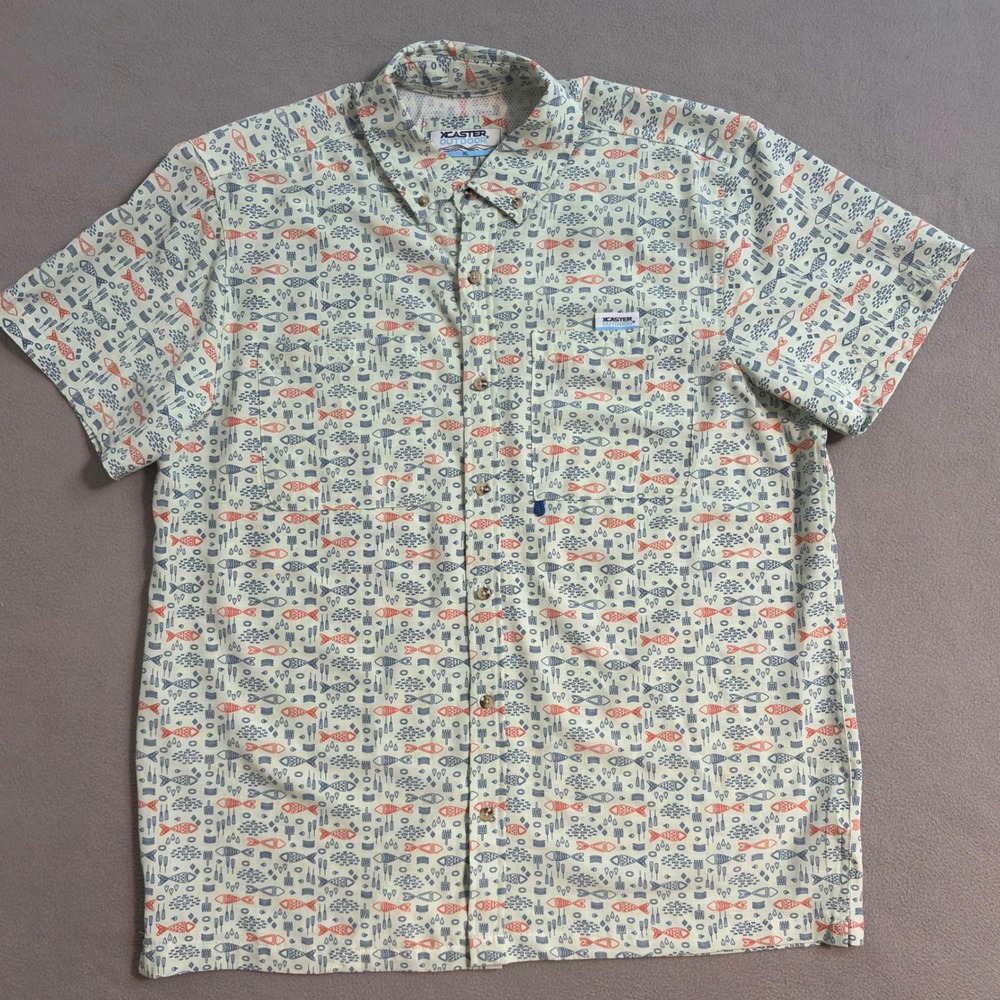 XCASTER Outdoor Fishing Performance Shirt XL Fish Print Button Up Short Sleeve